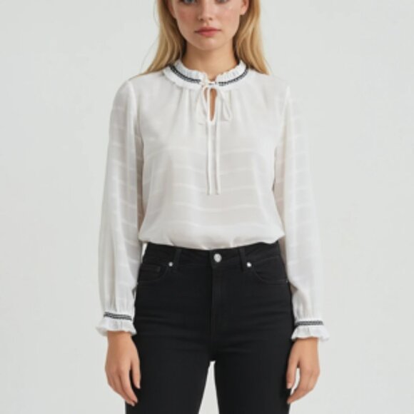 Talbots Tops - Talbots Boho Pintucked Tie Neck Blouse with Ribbon Detail in Ivory and Black